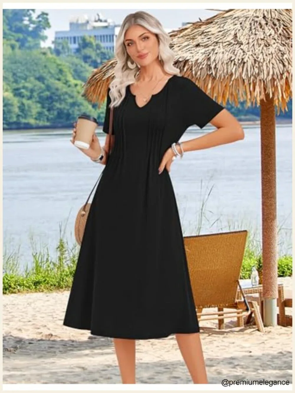 Women's Summer Casual Midi Dress with Pockets Flowy Pleated Short Sleeve